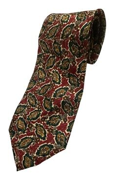 Saks Fifth Avenue Black Label Burgundy Paisley Tie with Green and Gold Motifs